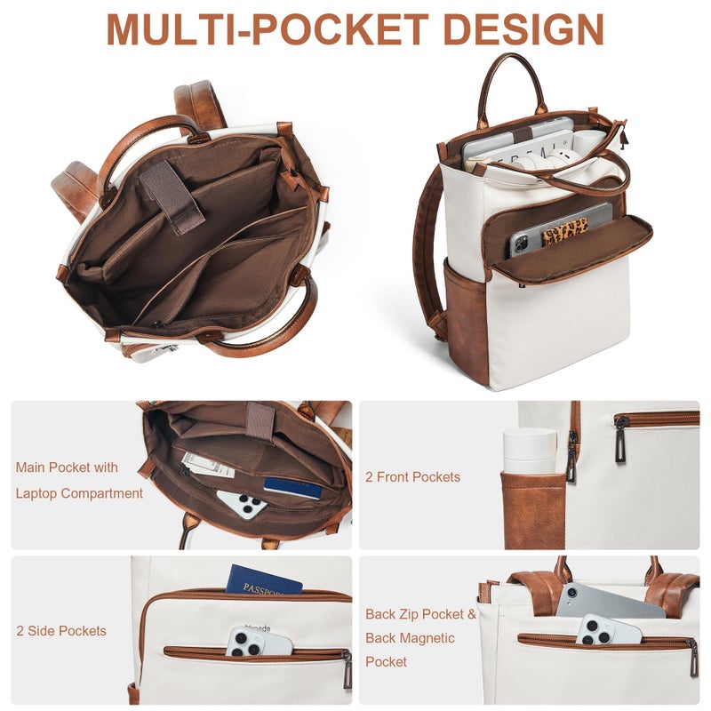 Mroede Leather Laptop Backpack for Women, Travel Backpack Purse Fits 15.6 Inch Laptop, Casual Daypack with Laptop Compartment for Teachers College Work Business Nurse Weekender, Beige Brown - Image 2