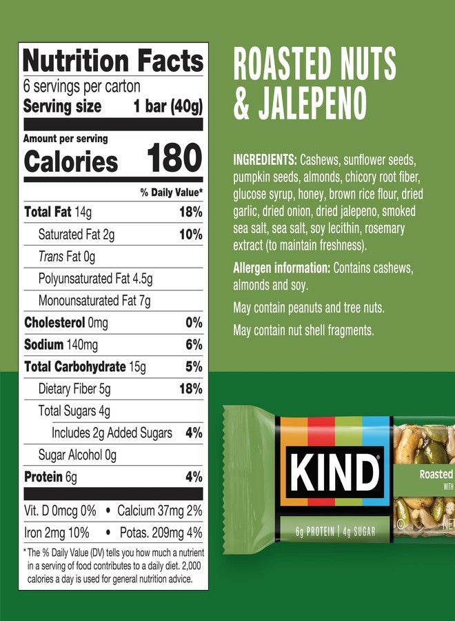 KIND Savory Nut Bars, Roasted Nuts & Jalapeno, Good Source of Fiber, Gluten Free, Low Sugar, 6g Protein, 6 Count - Image 2