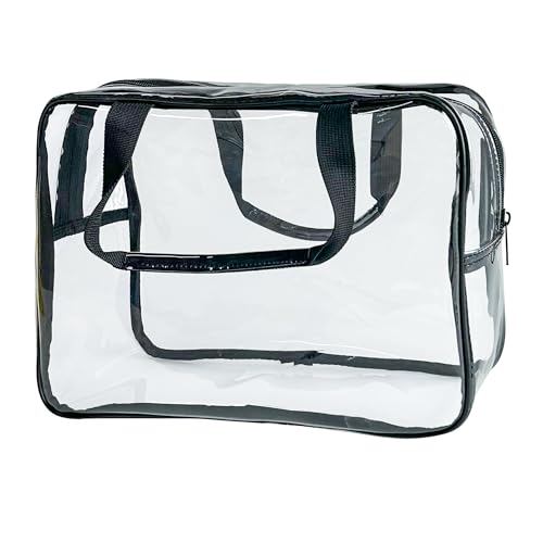 TotePrint PVC Clear Pure Color Transparent Large Zipper Cosmetic Pouch Travel Makeup Cosmetic Bag with Handle for Travel Bathroom Toiletry Organizer ClearBlack Handle - Image 1