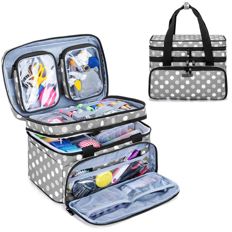 BAFASO Double Layer Sewing Accessories Organizer with 2 Detachable Pouches, Large Sewing Storage Bag for Sewing Tools (Bag ONLY), Polka Dots - Image 1