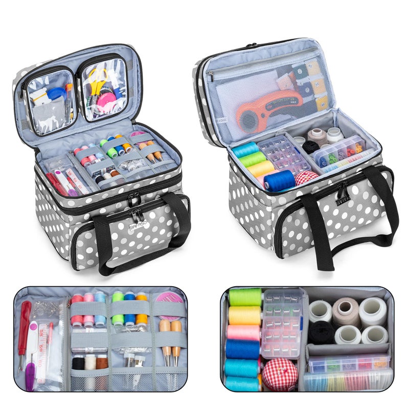 BAFASO Double Layer Sewing Accessories Organizer with 2 Detachable Pouches, Large Sewing Storage Bag for Sewing Tools (Bag ONLY), Polka Dots - Image 2
