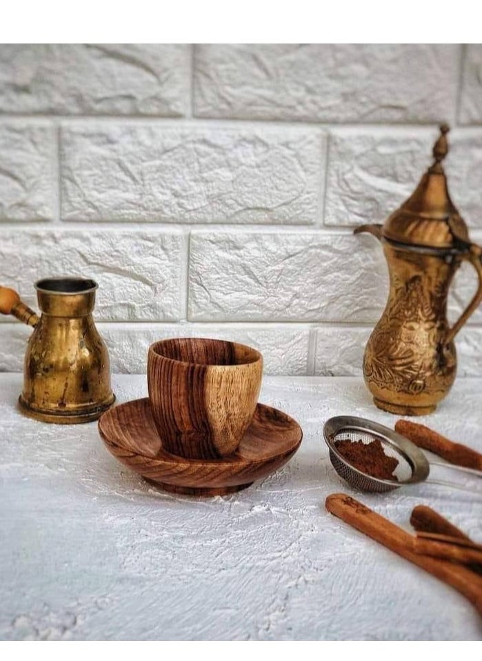 Egypt Antiques Wooden coffee cup + plate, handmade from healthy wood, with 100% natural colors from the heart of the tree  - Image 1