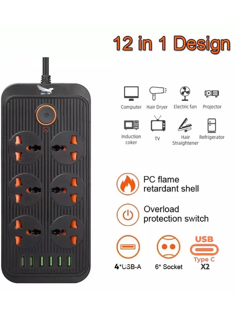 Draxon Power Strips Extension Cord 6 Outlets, Power Socket with 6 USB Ports Universal Charging Socket with 3M Socket  - Image 4