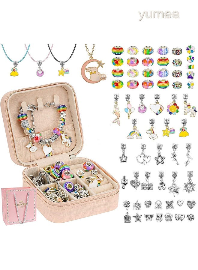 yumee Charm Bracelet Making Kit for Girls (69PCS) - DIY Jewelry Craft Set with Unicorn & Mermaid Charms, Includes Beads, Necklace & Organizer Box, Perfect Gift for Ages 5-12  - Image 1