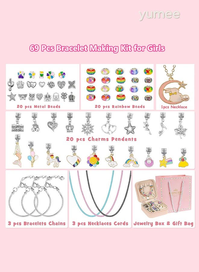 yumee Charm Bracelet Making Kit for Girls (69PCS) - DIY Jewelry Craft Set with Unicorn & Mermaid Charms, Includes Beads, Necklace & Organizer Box, Perfect Gift for Ages 5-12  - Image 2