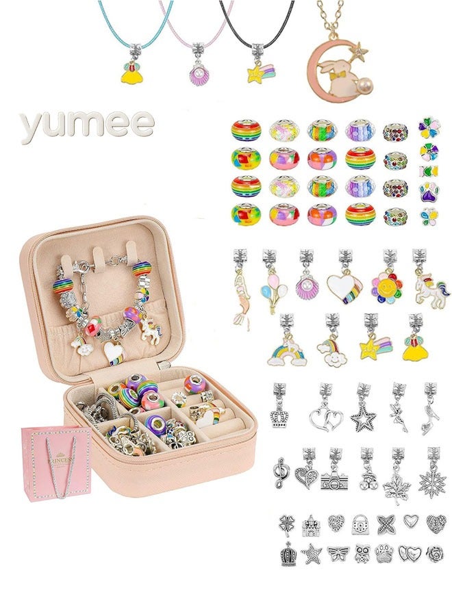yumee Charm Bracelet Making Kit for Girls (69PCS) - DIY Jewelry Craft Set with Unicorn & Mermaid Charms, Includes Beads, Necklace & Organizer Box, Perfect Gift for Ages 5-12  - Image 1