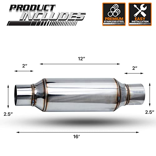 M-AUTO Single Chamber Muffler, 2.5" Inside Inlet and Outlet Universal Stainless Steel Exhaust Muffler Assembly, 16" Overall Length, Black - Image 3