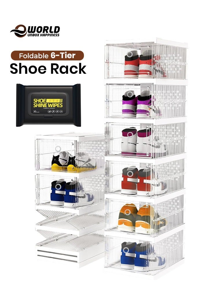 إي وورلد علب أحذية شفافة قابلة للتكديس – عبوة 6 علب تخزين أحذية قابلة للطي، تناسب حتى المقاس 13، حاملة عرض أحذية رياضية بواجهة شفافة وتصميم مهوي لتوفير المساحة في الخزانة - Image 1