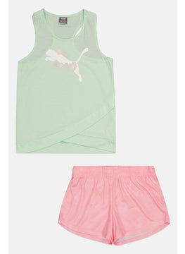 PUMA Kids Girl 2 Pieces Sportwear Fit Top And Short Set, Pink/Mint  - Image 1