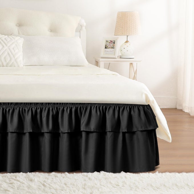 RUFFLE BED SKIRT BLACK QUEEN 16 INCH DROP ELASTIC WRAP AROUND BED SKIRTING QUEEN SIZE EASY TO INSTALL DUST RUFFLE MACHINE WASHABLE SOFT FABRIC MULTI RUFFLE BEDSKIRT