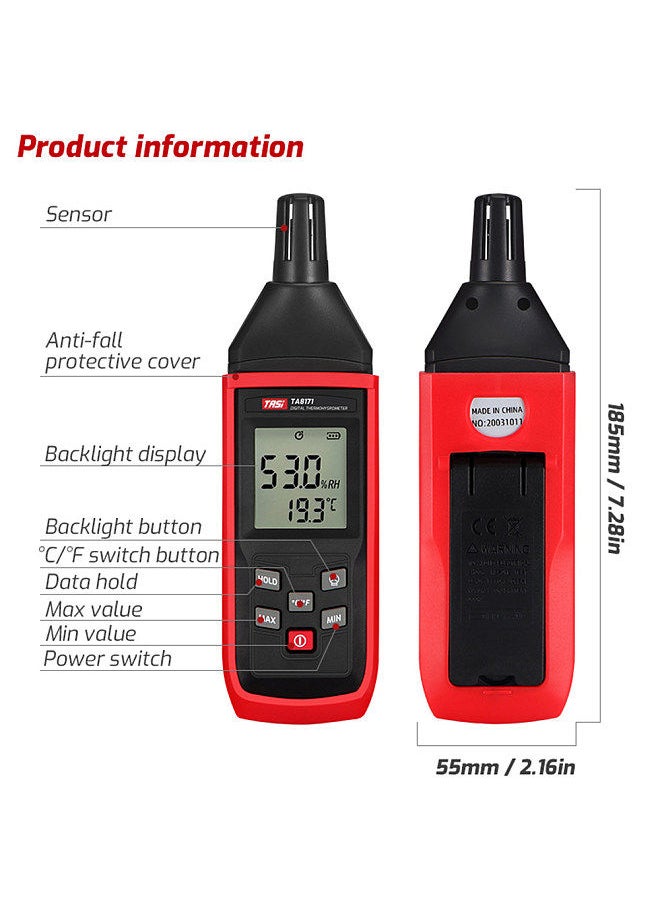 TASI TA8171 Handheld Temperature and Humidity Meter Thermo-Hygrometer Temperature and Humidity Measurement Tester -10℃~50℃ 5%RH~98%RH with Backlight LCD ℃/℉ Conversion