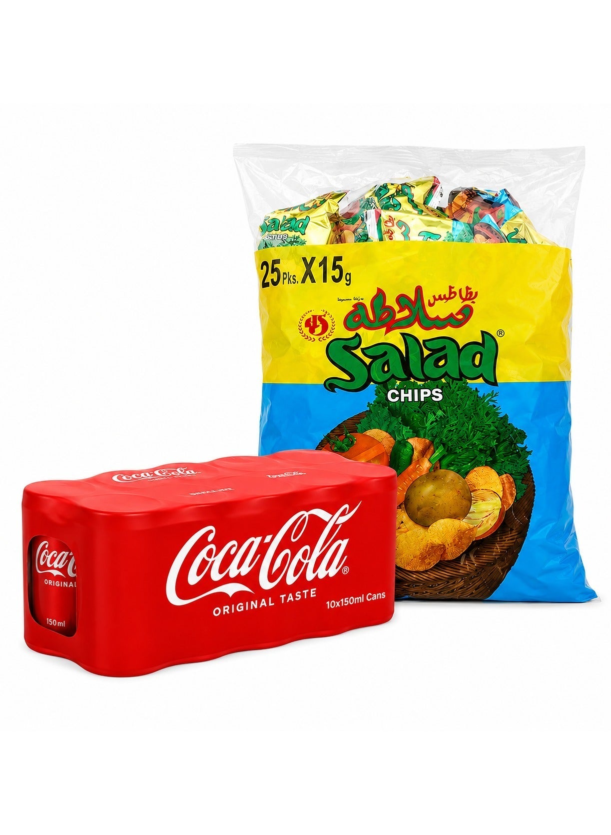 noon Chips Oman Salad Chips 15grams Pack of 25 + Coca Cola Regular Carbonated Soft Drink Cans 10 x 155ml