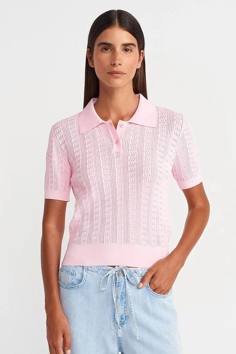 DILVIN Textured Lace Knit Polo Blouse