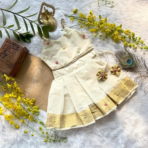 Picksparrow Kids Pattu pavadai/Kerala Kasavu Traditional Ethnic wear (Multicolour) (3-6 Months, Flower-Pattupavada) - Image 2