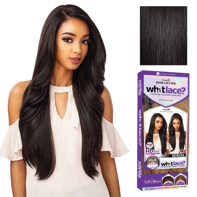 Sensationnel What Lace 13X6 Wigs - Morgan Lacefrontal Hand Tied Glueless Synthetic with Natural Density Preplucked Hairline (1B OFFBLACK) - Image 1