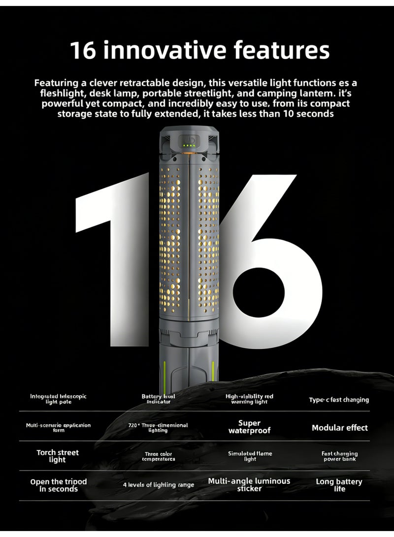 كلوزيلي مصباح قابل للشحن وطوي للتخييم ومصباح كشاف محمول، ضوء عمل، ضوء LED، بسعة 8000 مللي أمبير، 6 أوضاع للإضاءة، ضوء خارجي متعدد الوظائف، قابل للتعتيم، مع حامل ثلاثي قابل للتعديل، مقاوم للماء IP44، مناسب للتخييم والنزهات والشواء والسفر والطوارئ. - Image 2