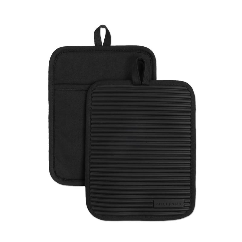 KitchenAid Ribbed Soft Silicone Water Resistant Pot Holder Set  Onyx Black  2 Piece Set - Image 1