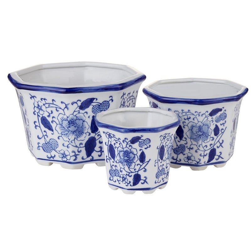 HakkaGirl Ceramic Planter Chinoiserie Decor Ceramic Flower Pots Plant Pots Indoor with Drainage for Orchid Succulent or Small Plants Blue and White Set of 3