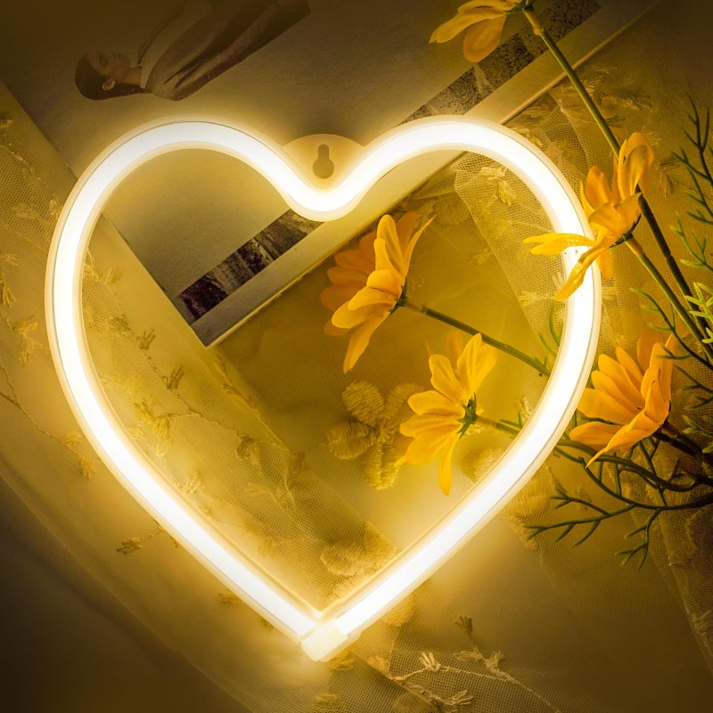 EXF 1-Pack Heart Neon Sign, Neon Heart Lights Battery Operated or USB Powered, LED Valentines Decoration Light for Valentines Day Wedding Proposal Anniversary Mothers Day Girl's Room Decor (Warm White) - Image 1