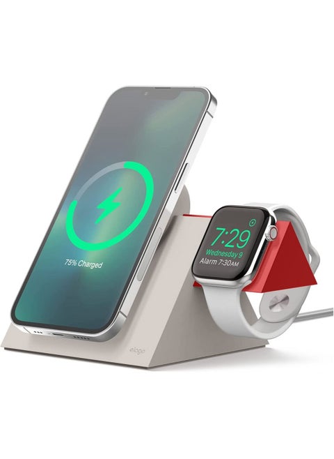 Charging Station for iPhone 14 Series, 13 Series, 12 Series Compatible with MagSafe and Apple Watch Series - Stone/ Red