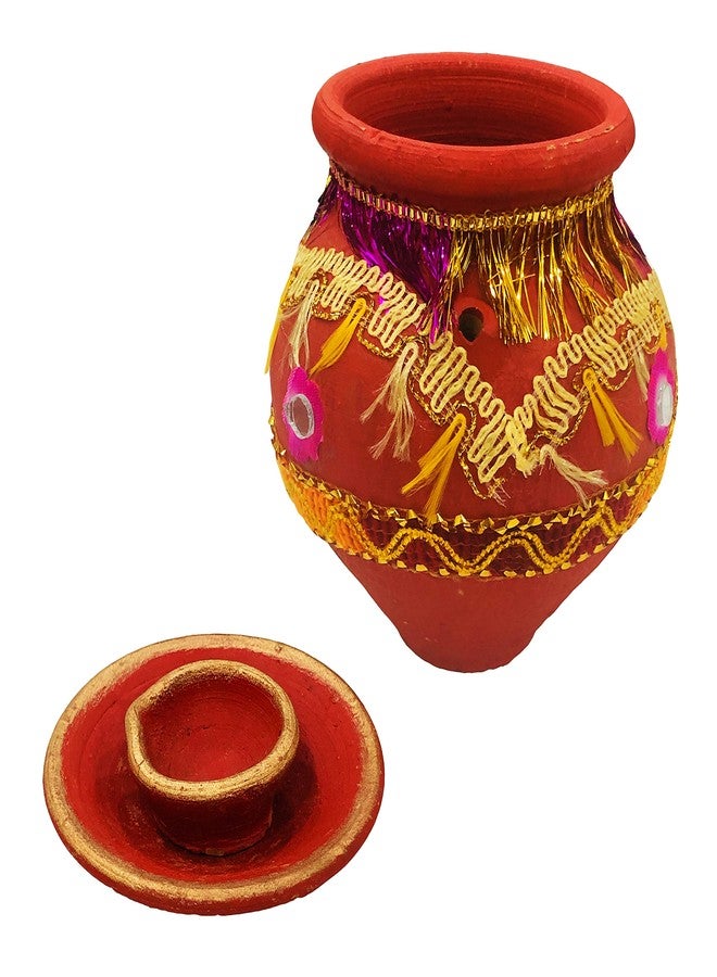 SHOPMEFAST مصنوع يدويًا من طين تيراكوتا الترابي كاروا مع ضياء، ميتي كارفا لكارواشوث بوجا، كلاي كالاش (كاروا مع دكان وديا) - Image 2