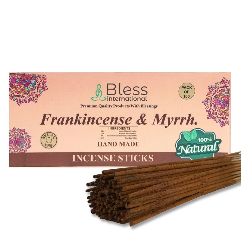 Bless International Bless-Frankincense-and-Myrrh 100%-Natural-Handmade-Hand-Dipped-Incense-Sticks Organic-Chemicals-Charcoal-Free Purification-Relaxation-Positivity-Yoga-Meditation Best-Woods-Scent (100 Sticks (5.25 OZ)) - Image 1