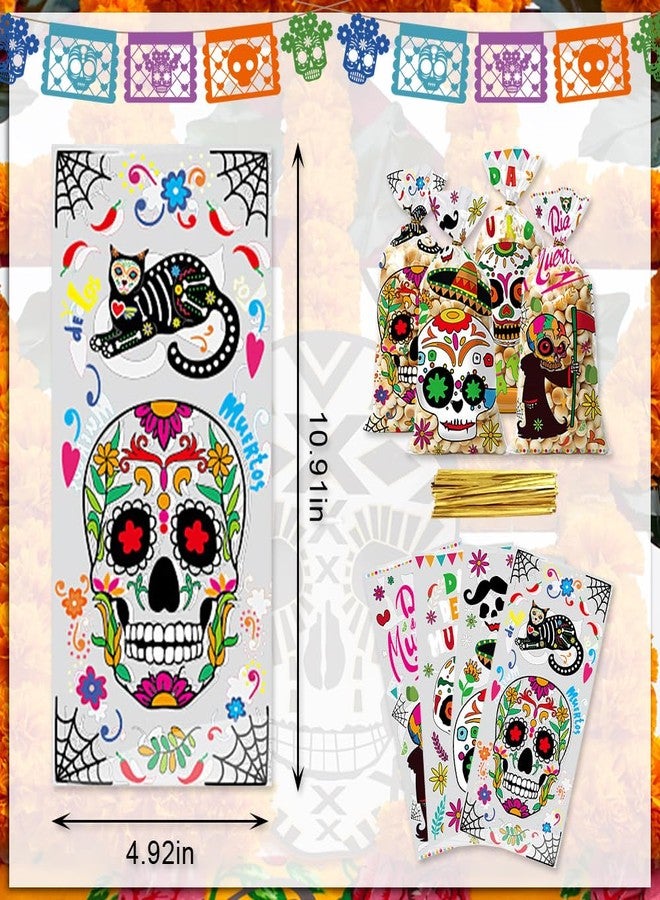 Hying 100PCS Day of the Dead Cellophane Bags for Candy Cookie, Dia de Los Muertos Sugar Skull Candy Bags with Twist-Ties Calavera Skull Treat Goody Bags for Mexican Halloween Party Favors Supplies - Image 2