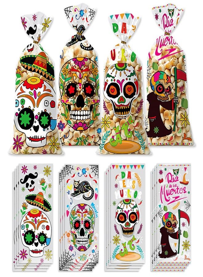 Hying 100PCS Day of the Dead Cellophane Bags for Candy Cookie, Dia de Los Muertos Sugar Skull Candy Bags with Twist-Ties Calavera Skull Treat Goody Bags for Mexican Halloween Party Favors Supplies - Image 1