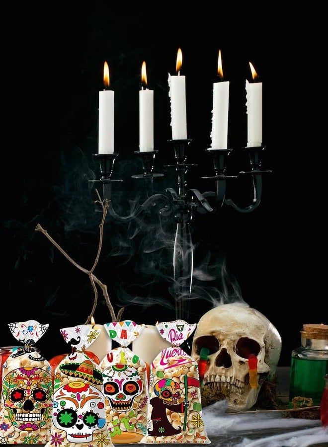 Hying 100PCS Day of the Dead Cellophane Bags for Candy Cookie, Dia de Los Muertos Sugar Skull Candy Bags with Twist-Ties Calavera Skull Treat Goody Bags for Mexican Halloween Party Favors Supplies - Image 4
