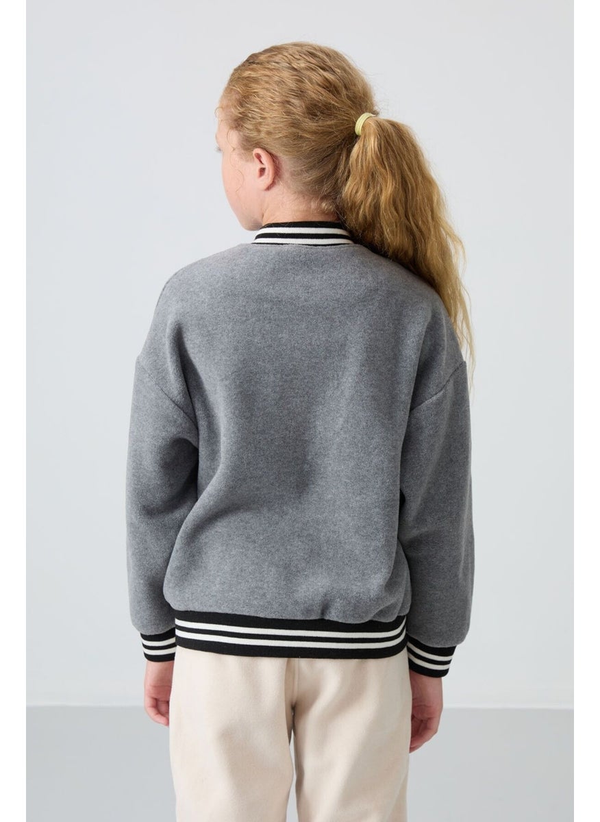 Tommy Life Gray Melange Thick Soft Texture Standard Fit Embroidered Fleece Girls College Jacket - 75156  - Image 5