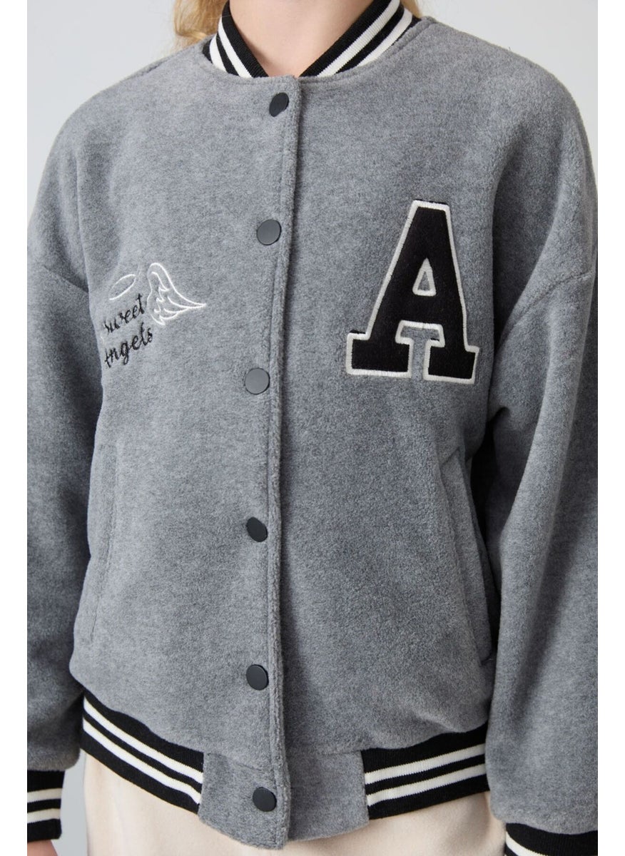 Tommy Life Gray Melange Thick Soft Texture Standard Fit Embroidered Fleece Girls College Jacket - 75156  - Image 3