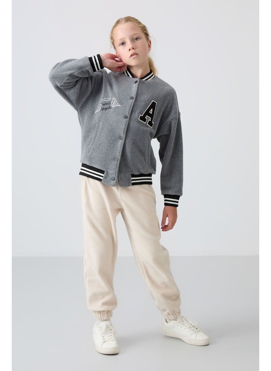 Tommy Life Gray Melange Thick Soft Texture Standard Fit Embroidered Fleece Girls College Jacket - 75156  - Image 2