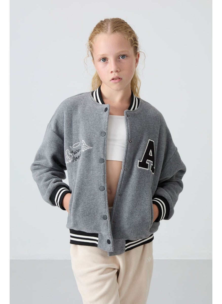 Tommy Life Gray Melange Thick Soft Texture Standard Fit Embroidered Fleece Girls College Jacket - 75156  - Image 1