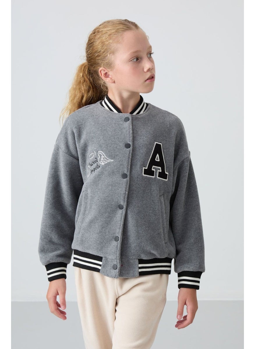 Tommy Life Gray Melange Thick Soft Texture Standard Fit Embroidered Fleece Girls College Jacket - 75156  - Image 4