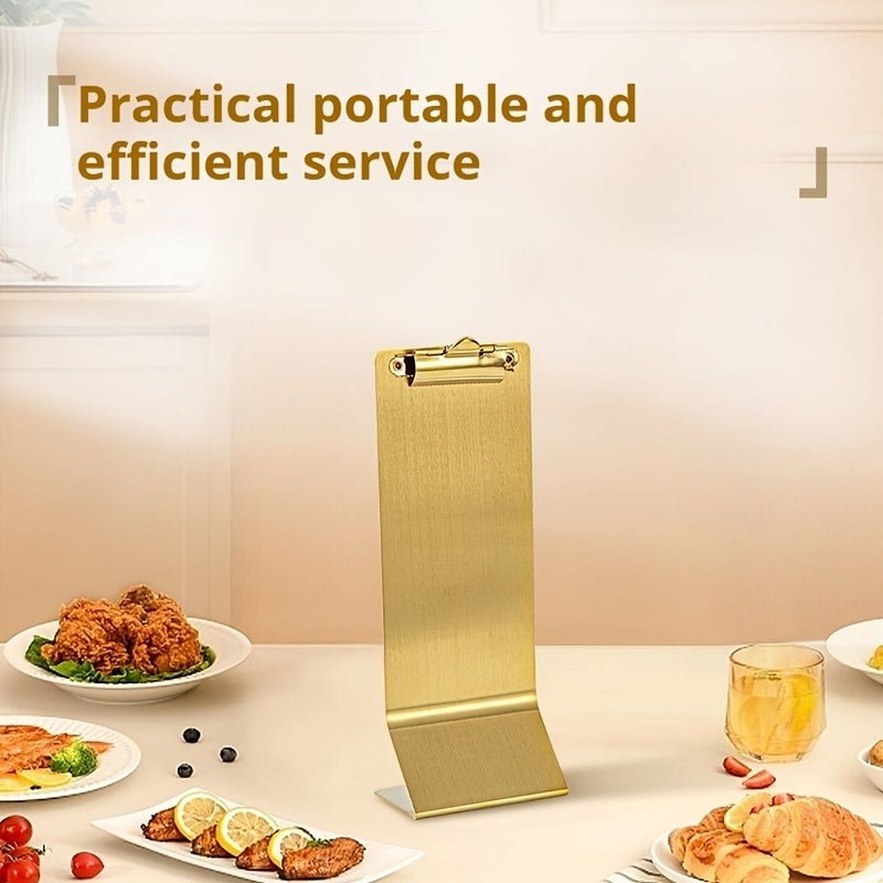Golden Small Stainless Steel Menu Holder for Restaurant Cafe Desktop Use - Image 1