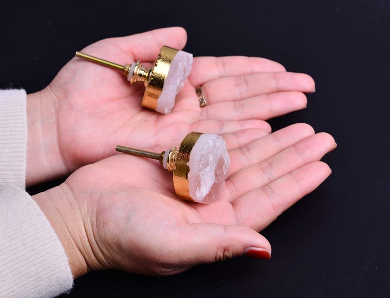 AMOYSTONE Crystal Cabinet Knobs Rose Quartz Dresser Knobs Pink Stone Round Kitchen Cupboard Drawer Knobs Handles Plating Gold Set of 4 - Image 5