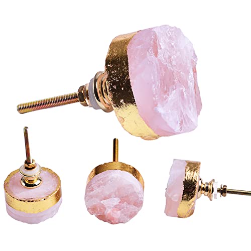 AMOYSTONE Crystal Cabinet Knobs Rose Quartz Dresser Knobs Pink Stone Round Kitchen Cupboard Drawer Knobs Handles Plating Gold Set of 4 - Image 1