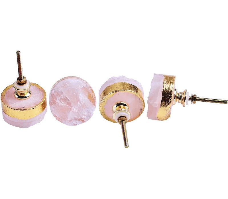 AMOYSTONE Crystal Cabinet Knobs Rose Quartz Dresser Knobs Pink Stone Round Kitchen Cupboard Drawer Knobs Handles Plating Gold Set of 4 - Image 2