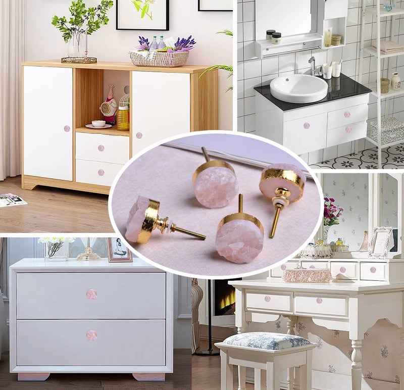AMOYSTONE Crystal Cabinet Knobs Rose Quartz Dresser Knobs Pink Stone Round Kitchen Cupboard Drawer Knobs Handles Plating Gold Set of 4 - Image 4