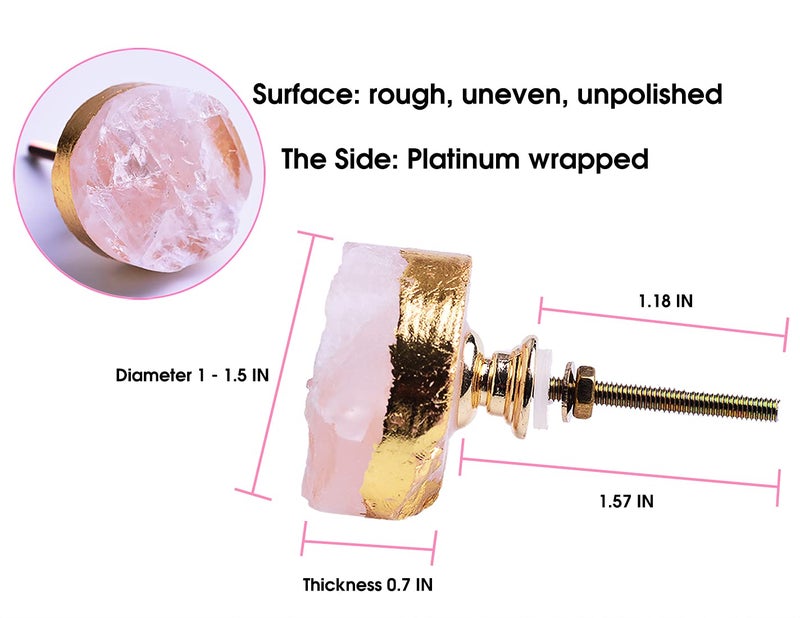 AMOYSTONE Crystal Cabinet Knobs Rose Quartz Dresser Knobs Pink Stone Round Kitchen Cupboard Drawer Knobs Handles Plating Gold Set of 4 - Image 3