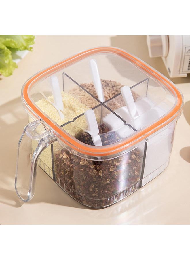 Thoraya Seasoning Box 4 Compartment Transparent Spice Pot with Lid for Kitchen Salt Pepper Sugar Orange  - Image 1