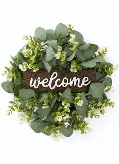 Y&D Welcome Sign with Wreaths Rustic Front Door Decor Wood Hanging Artificial Eucalyptus Farmhouse Porch Decorations for Home Wedding Gift  - Image 1