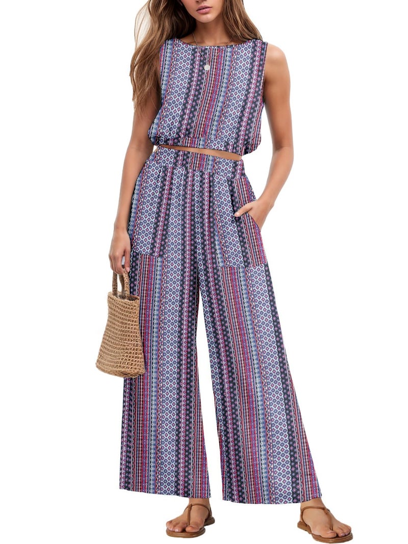 GRECERELLE 2 Piece Sets For Women Summer Resort Wear For Women 2026 Sleeveless Crop Top Wide Leg Pants Sweat FP Rhomboid-L - Image 1