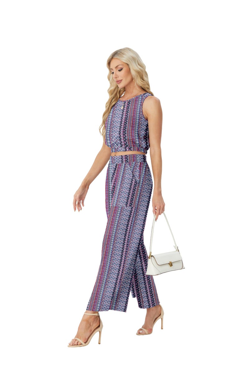 GRECERELLE 2 Piece Sets For Women Summer Resort Wear For Women 2026 Sleeveless Crop Top Wide Leg Pants Sweat FP Rhomboid-L - Image 2