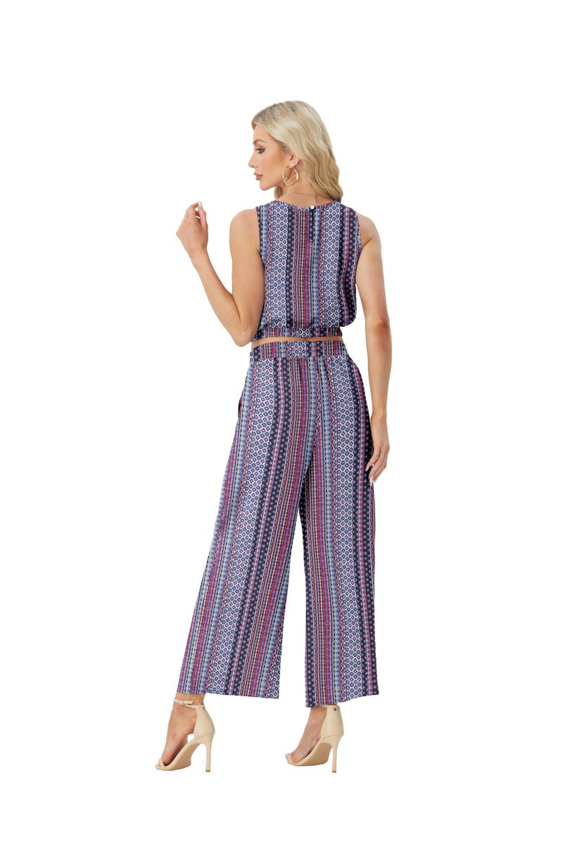 GRECERELLE 2 Piece Sets For Women Summer Resort Wear For Women 2026 Sleeveless Crop Top Wide Leg Pants Sweat FP Rhomboid-L - Image 3