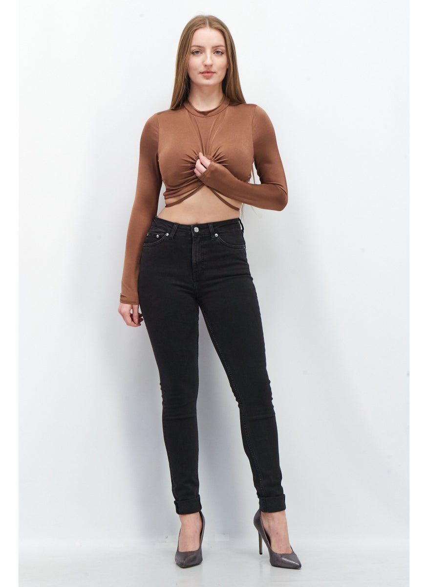 Missguided - Women High Neck Long Sleeve Plain Crop Top, Brown - Image 1
