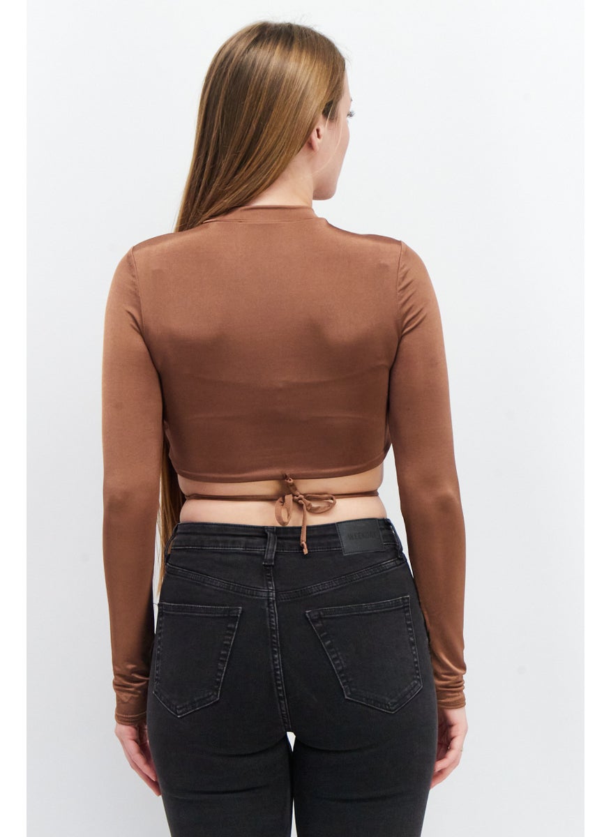 Missguided - Women High Neck Long Sleeve Plain Crop Top, Brown - Image 1
