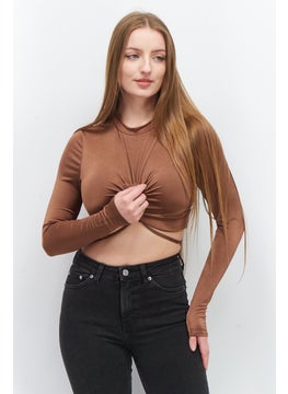 Women High Neck Long Sleeve Plain Crop Top, Brown