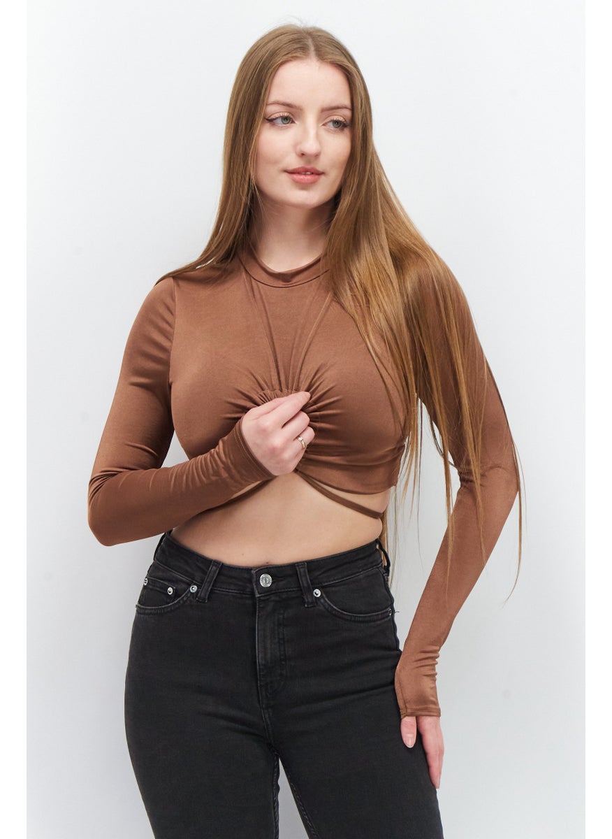 Missguided - Women High Neck Long Sleeve Plain Crop Top, Brown - Image 1
