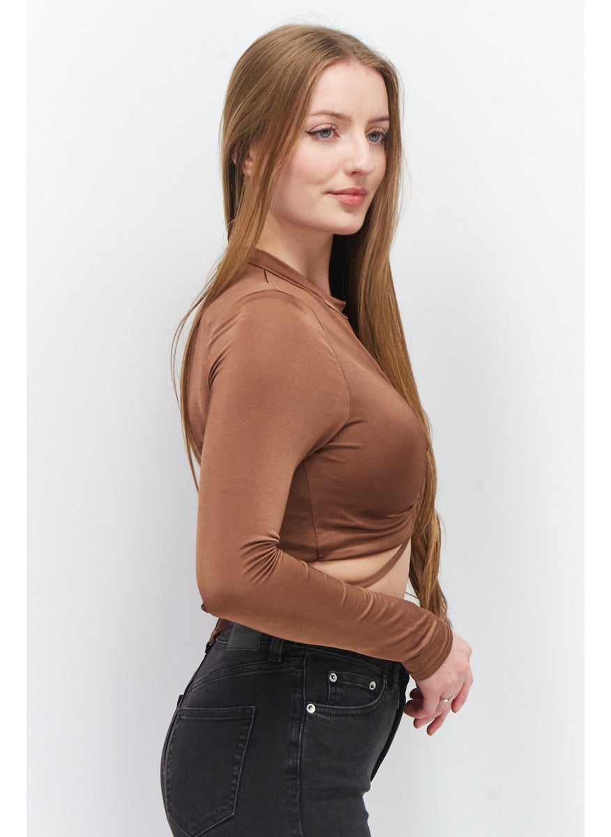 Missguided - Women High Neck Long Sleeve Plain Crop Top, Brown - Image 1